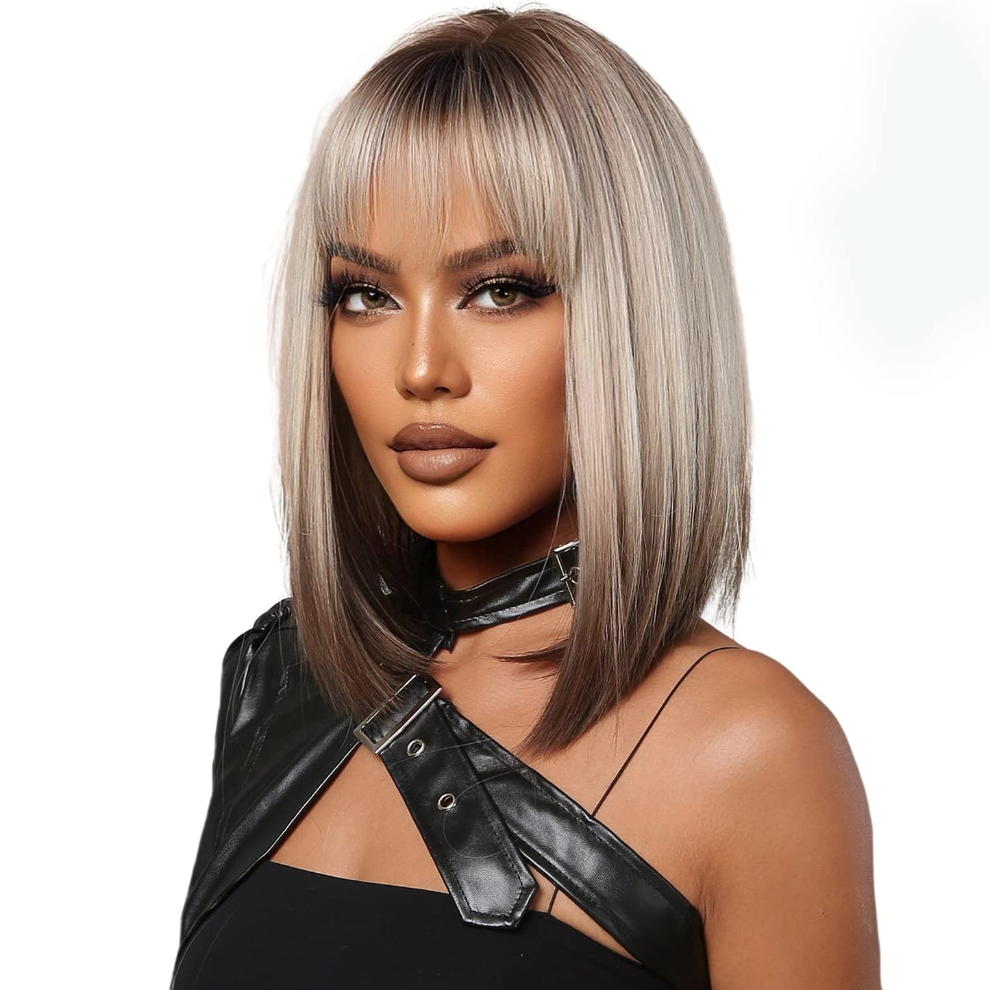 Ombre Blonde to Brown Hair Wig Dark Roots Shoulder Length Straight Natural Wig, 14 Inch