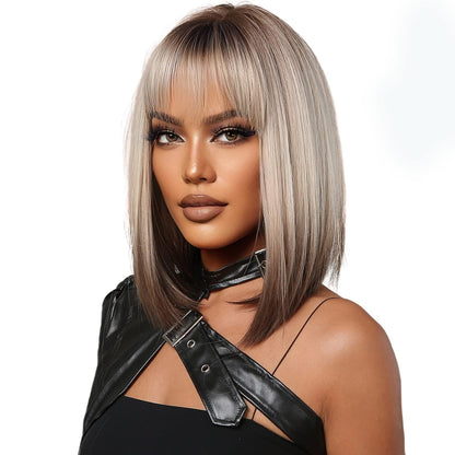 Ombre Blonde to Brown Hair Wig Dark Roots Shoulder Length Straight Natural Wig, 14 Inch
