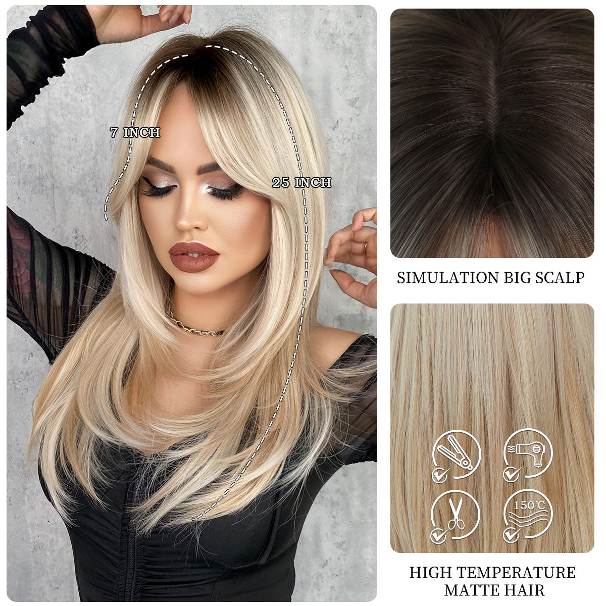 Long Straight Wigs with Curtain Bangs Ombre Blonde Layered Wig