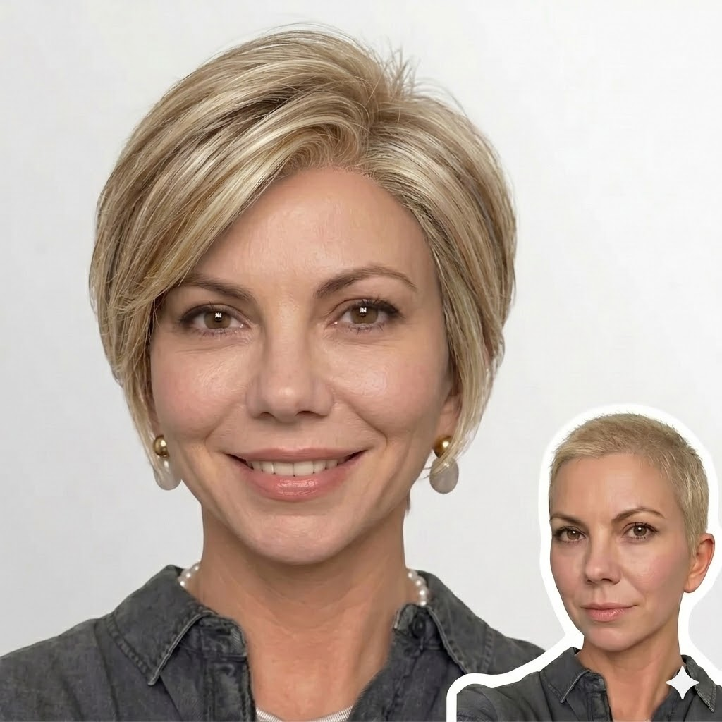 Camilla - Sleek Side-Swept Pixie Bob with Seamless Hairline