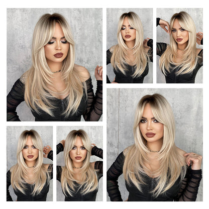 Long Straight Wigs with Curtain Bangs Ombre Blonde Layered Wig